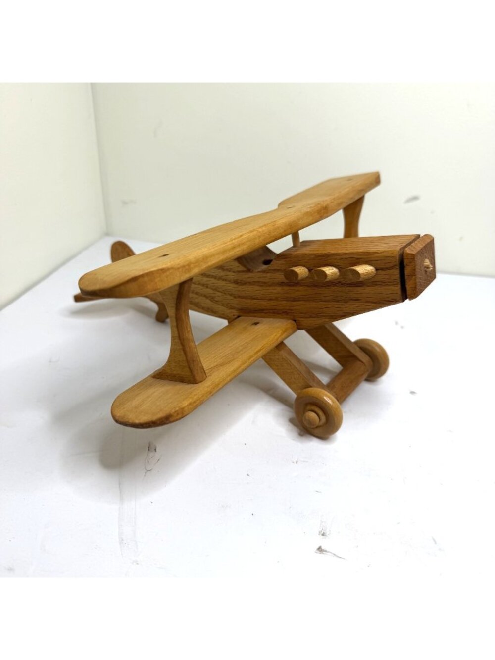 Vintage Natural Wood Handcrafted Wooden Double Wing Biplane Toy Collectible